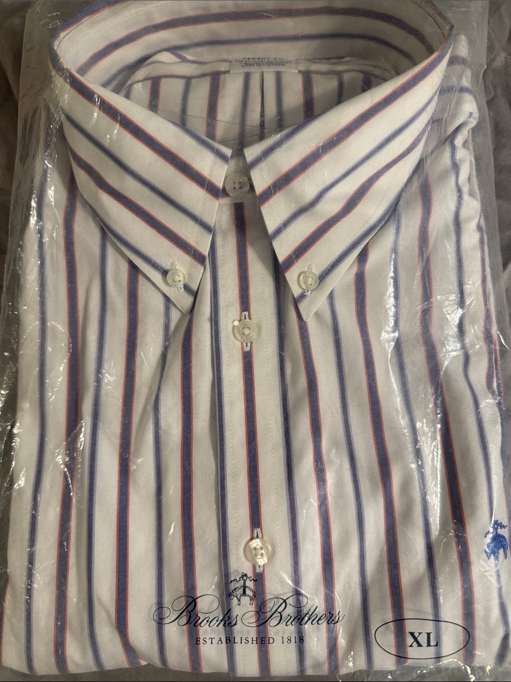 Brooks Brothers White Button-Down Shirt with Blue and Red Stripes